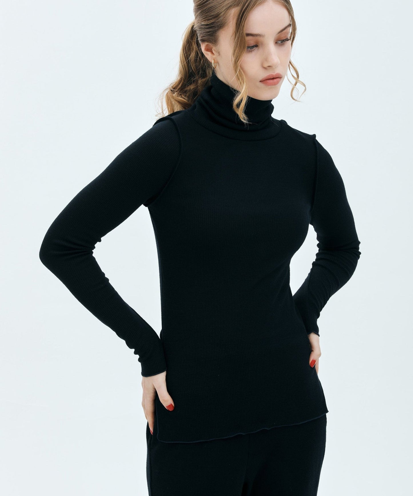 TURTLE NECK WOOL RIB KNIT TOPS