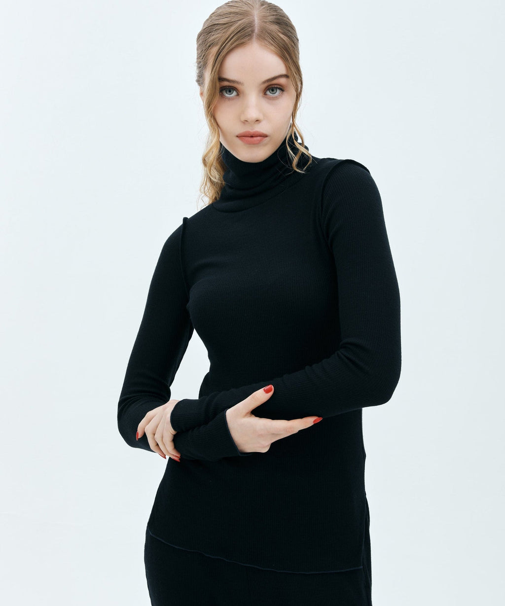 TURTLE NECK WOOL RIB KNIT TOPS
